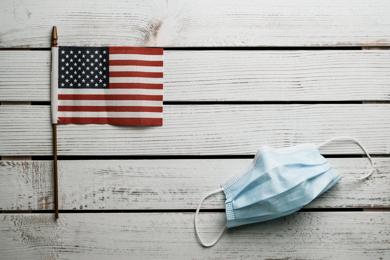 Image of a us flag and hospital mask