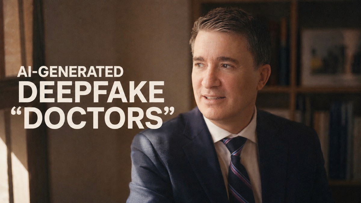 Image of AMA CEO John Whyte with the caption "AI Generated Deepfake 'Doctors'" next to him