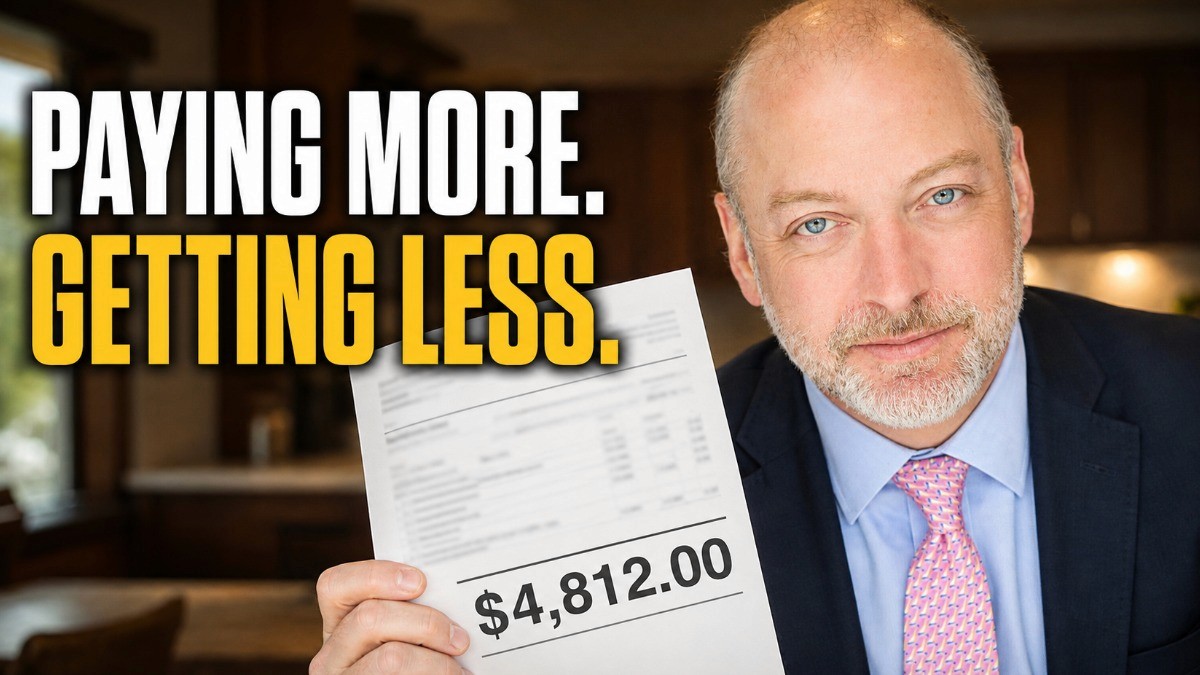 Image of Joel White with the caption "Paying More Getting Less" next to him